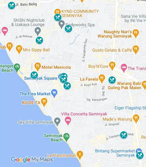 Map of cafe locations in Bali's Seminyak area