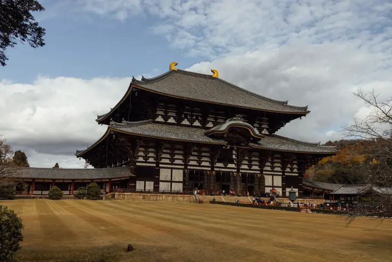 A multi-level brown and white temple of Todaiji Temple in Nara, Japan