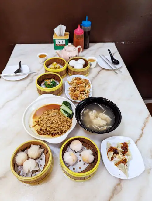 A table with halal dim sum, noodles, steamed buns and more at Greentown Dim Sum Cafe in Ipoh