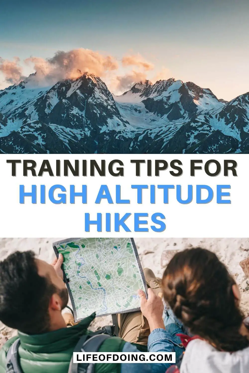 Top photo is of a snow capped mountain and bottom photo is of a man and women reading a map during a hiking experience