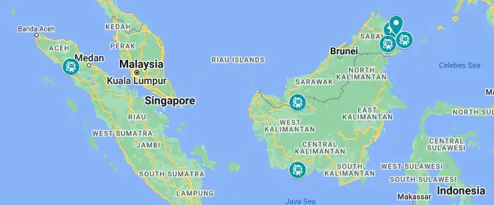 Map of places to see orangutans in the wild in Borneo, Malaysia, and Indonesia