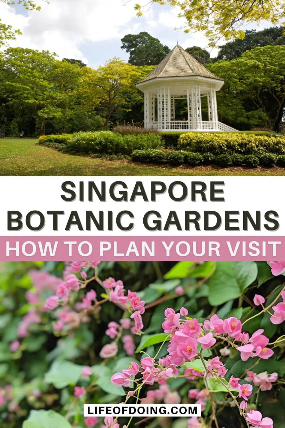 Top photo of a white gazebo called the Bandstand at Singapore Botanic Gardens and the bottom photo of pink flowers