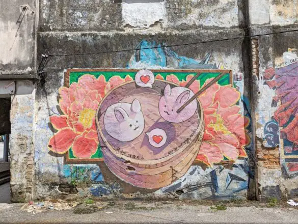 Two cute bunny shaped dim sum artwork in Ipoh's Mural Art Lane