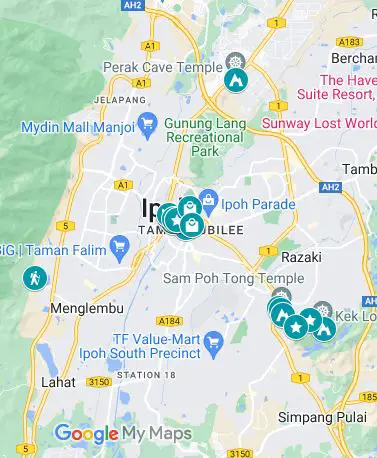 Pinned locations of places to visit on your 3 days in Ipoh itinerary