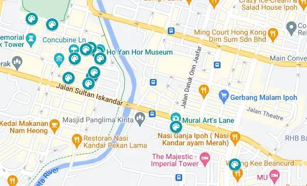Pinned places of street art locations in Ipoh, Malaysia