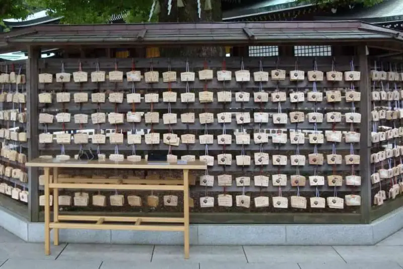 A display of the ema, wooden boards, with people's wishes at Tokyo's Meiji Shrine