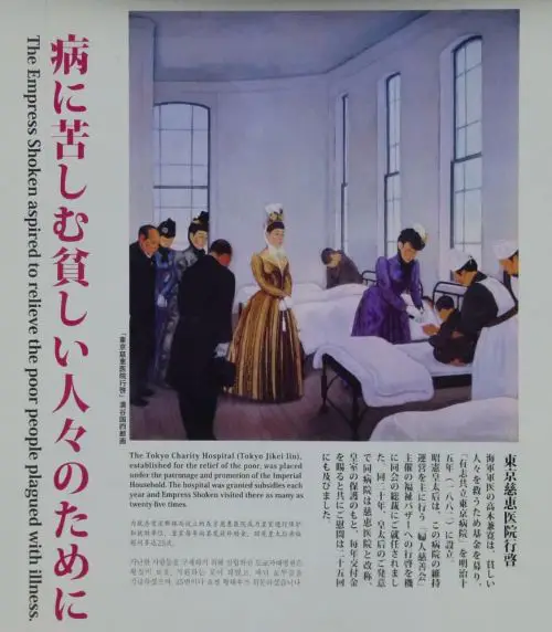 A display of The Empress visits patients at the hospital for which she was a patron at the Meiji Shrine Outer Murals