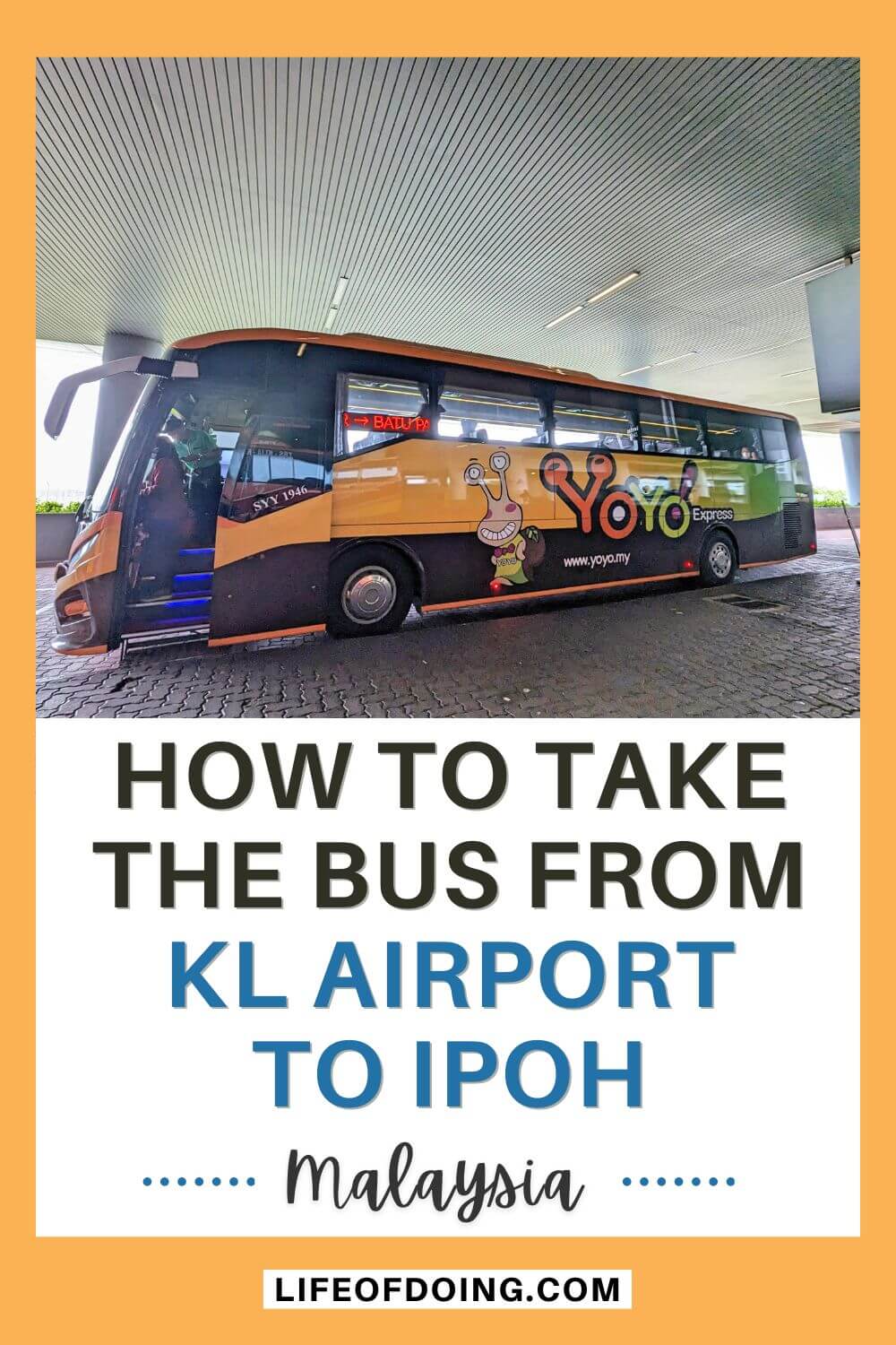 An orange and green bus, Yoyo Bus, parked at the Kuala Lumpur International Airport Terminal 2 waiting to pick up passengers