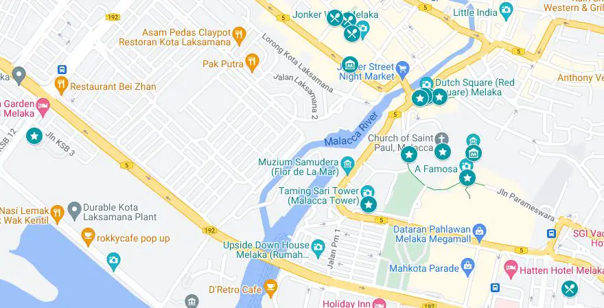 Map of places to visit and where to eat in Melaka, Malaysia for a day trip