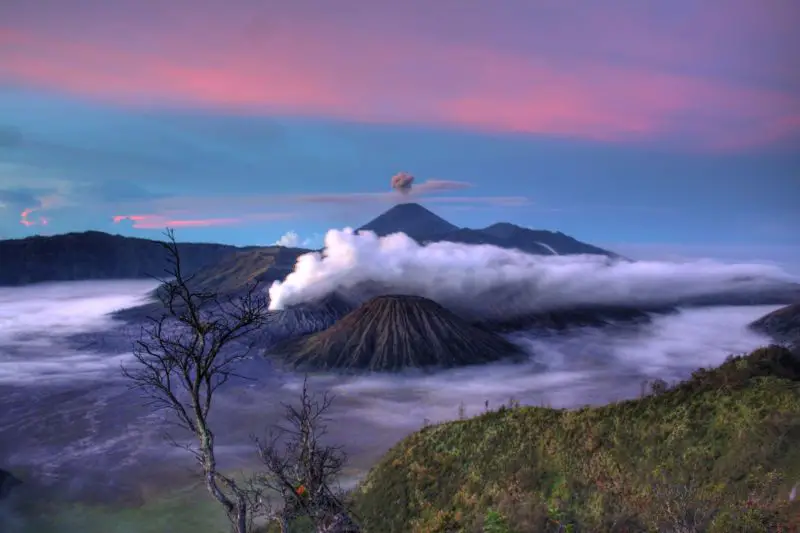 A layer of clouds covering the Mount Bromo volcano on Java Island, Indonesia