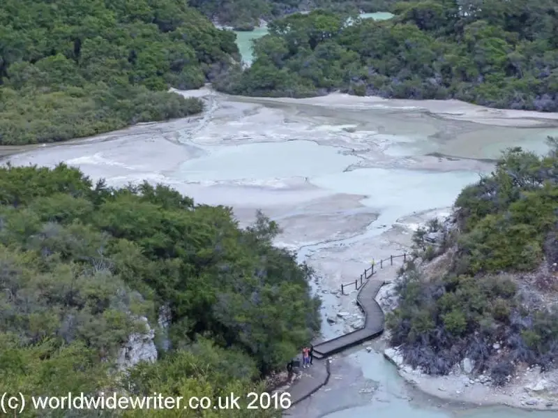 An aerial view of the light blue hot springs, mud pools, and walking path of Wai-O-Tapu Frying Pan Flat