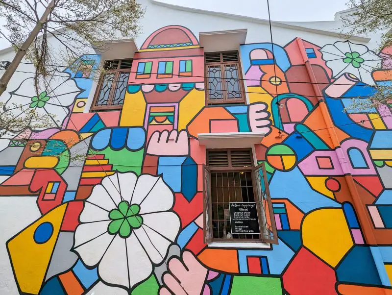 A colorful wall art of geometric shapes and flowers at the Melaka 3D Street Art nearby the Melaka River and Jonker Street Night Market area