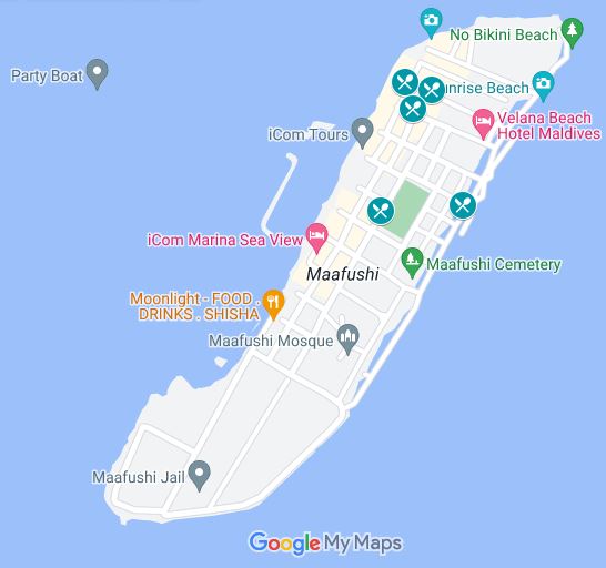 Map of where to eat on Maafushi Island, Maldives