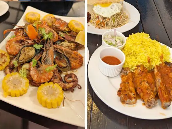 Left side is a photo of a mixed seafood platter of octopus, shrimp, mussels, octopus, and corn; right side is a platter of fish with yellow rice and stir fry noodles with a fried egg on top