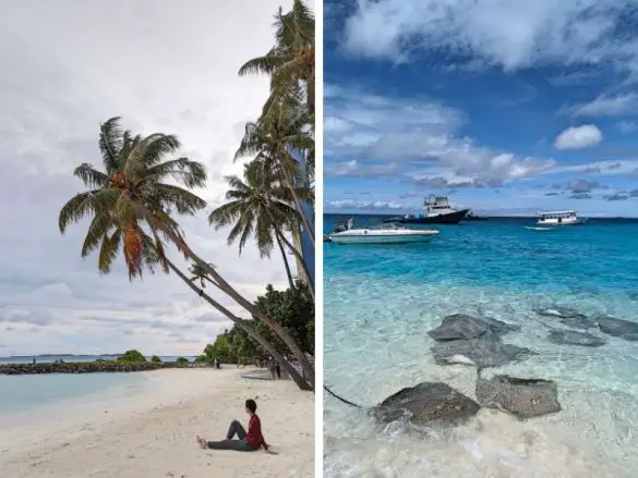 Left photo of Jackie Szeto, Life Of Doing, sitting on Maafushi Bikini Beach, and right photo of a cluster of sting rays in the waters of Fulidhoo, Maldives