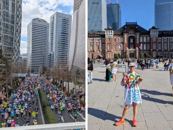 Left photo is runners on the road starting the Tokyo Marathon journey and right photo is Jackie Szeto, Life Of Doing, at the finish line in front of Tokyo Station