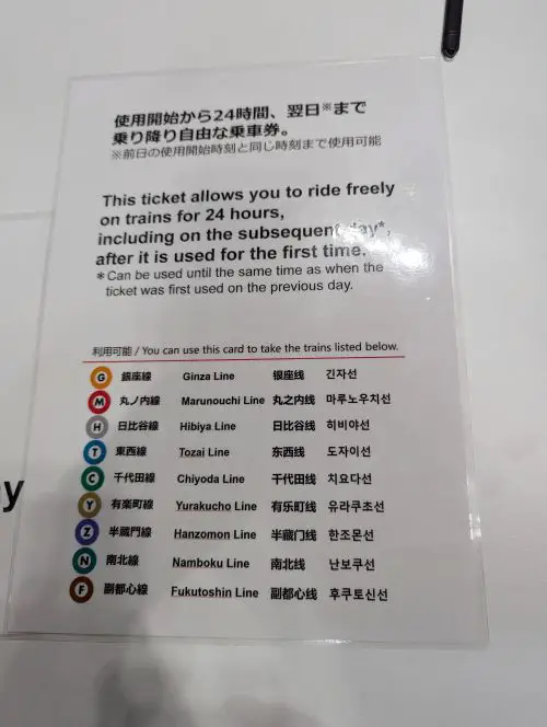 A laminated sheet of paper showing a list of the Tokyo Metro lines that can be used for the free 24 hour train pass