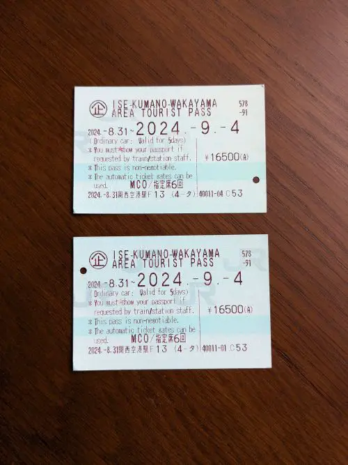 Two green tickets of the JR Ise-Kumano-Wakayama Area Tourist Pass that Life Of Doing used during their trip