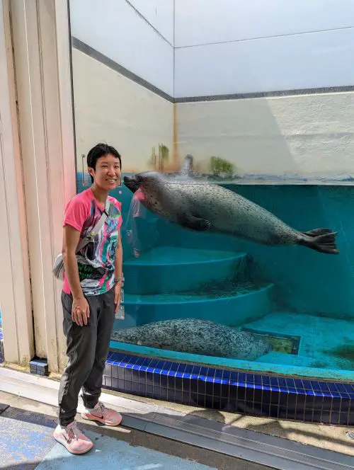 Jackie Szeto, Life Of Doing, stands next to the tank of seals at Toba Aquarium