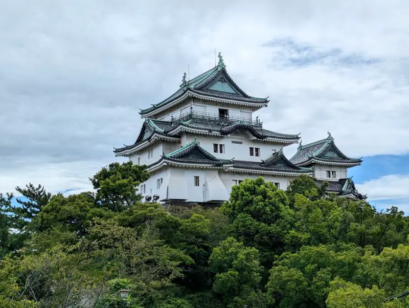 Wakayama Castle, located in Wakayama, Japan, is white and surrounded by green trees