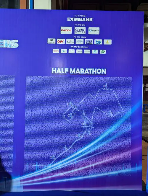 The Ho Chi Minh City Night Run Half Marathon Course Map and a list of participant names