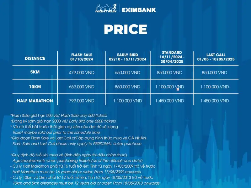 Ho Chi Minh City Night Run 2025 Pricing for the 5 km, 10 km, and half marathon