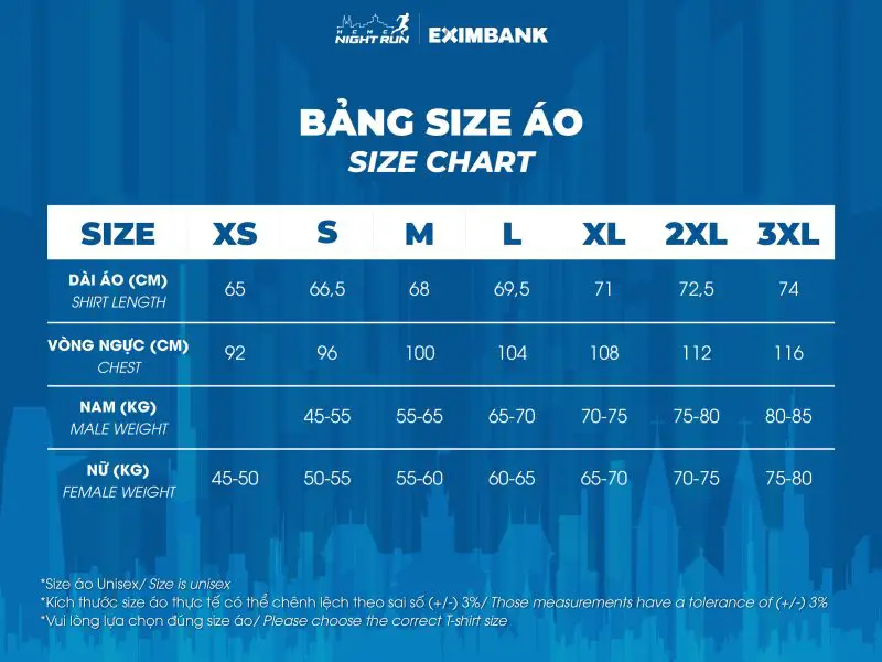 HCMC Night Run unisex t-shirt size chart