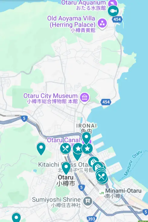 A map of where to go in Otaru, Hokkaido including attractions and dessert shops