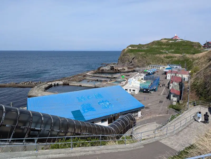 Outdoor view of Otaru Aquarium's Marine Mammal Park, the walkway, and the coastline