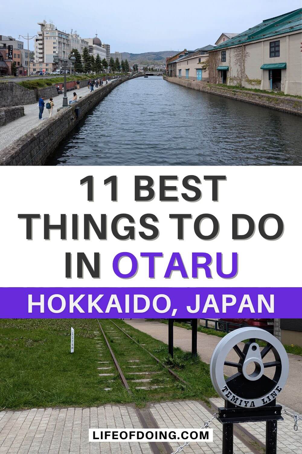 Top photo is a view of Otaru Canal, and bottom photo is the train tracks of the former Temiya Line in Otaru, Hokkaido, Japan
