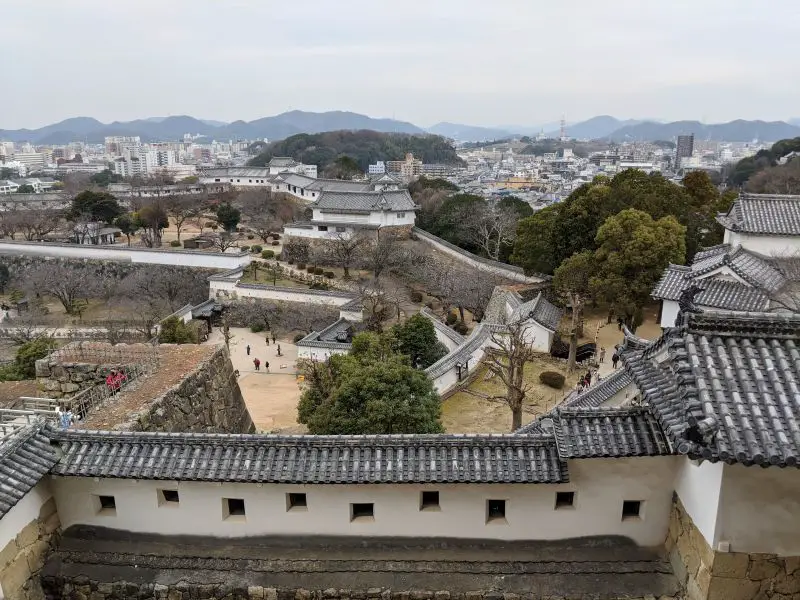 View of the Himeji Castle grounds and the walkways from the inside Castle