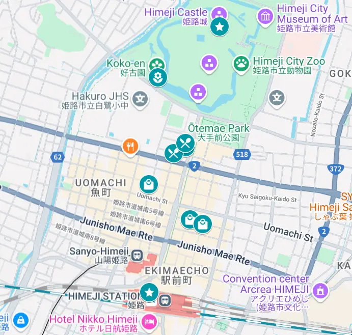 A map of places to visit in Himeji during the 1 day itinerary