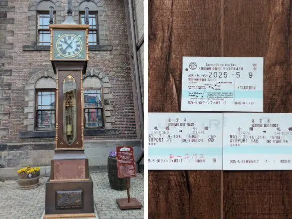 Left photo is the Otaru Steam Clock, and right photo has the Japan Railway Sapporo Furano Area Pass and the reserved seat tickets from Sapporo to Otaru and Otaru to Sapporo