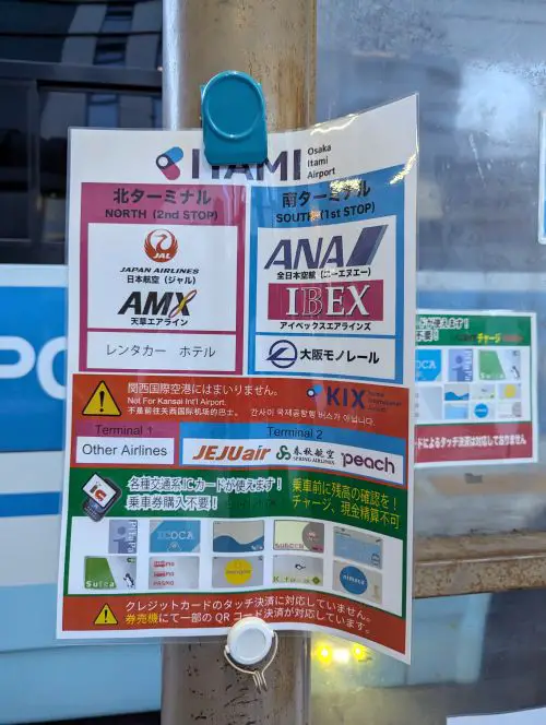 A laminated sheet of which airlines is at Osaka Itami Airport North and South Stops