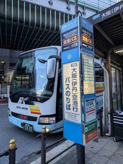 The front of the Airport Bus and the bus stop that travels from Namba to Osaka Itami Airport