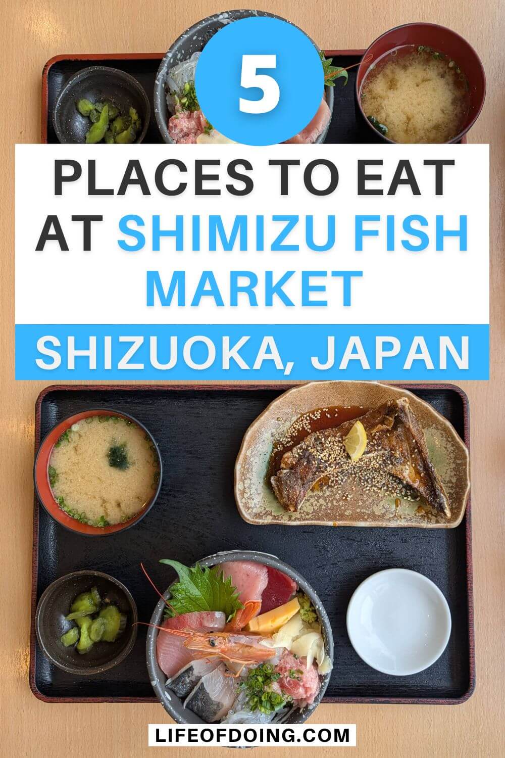 A top down view of a rice bowl with sashimi, a fish jaw, pickles, and miso soup at Totosuke in Shimizu Fish Market, Shizuoka, Japan