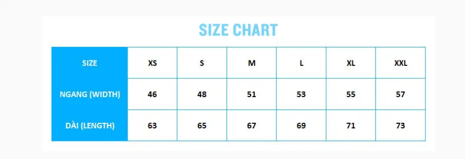 T-shirt size chart for the Garmin Run Vietnam race