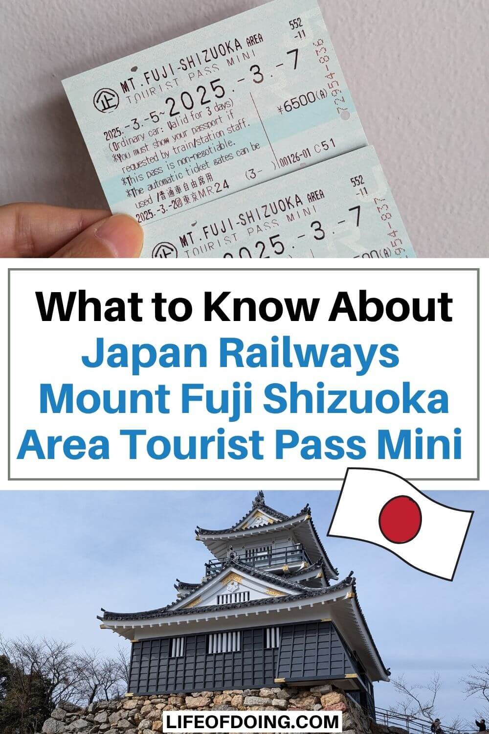Top photo is a hand holding two of the Japan Railways Mount Fuji Shizuoka Area Tourist Passes and the bottom photo is the black and white Hamamatsu Castle
