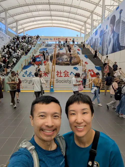 Justin Huynh and Jackie Szeto, Life Of Doing, arrive at the Yumeshita Station in Osaka, Japan