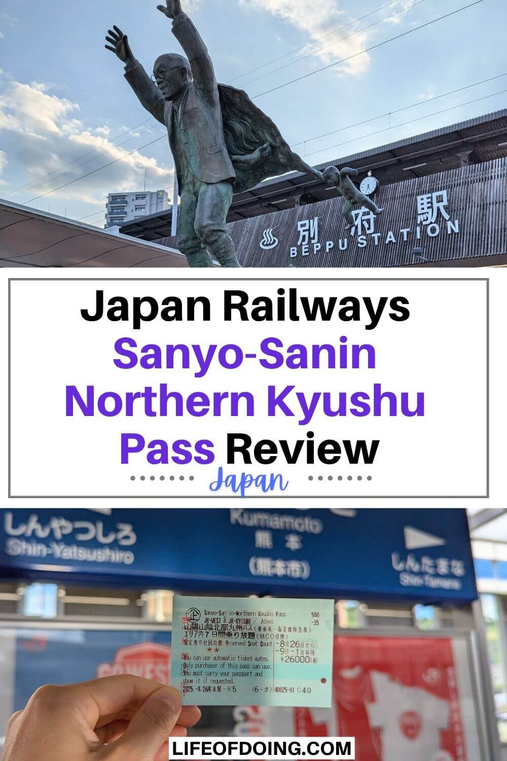 Top image is a statue of Aburaya Kumahachi in front of Beppu Station and the bottom image is a hand holding the Sanyo Sanin Northern Kyushu pass for 7 days