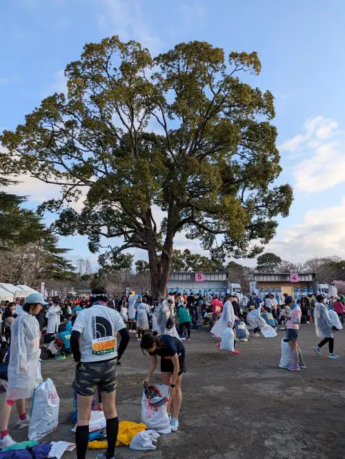 Runners in the waiting area near the Shizuoka Marathon start line