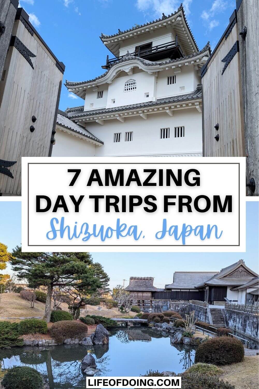 Top photo is the entrance of the white Kakegawa Castle and bottom photo is the Japanese garden from Tea Museum Shizuoka