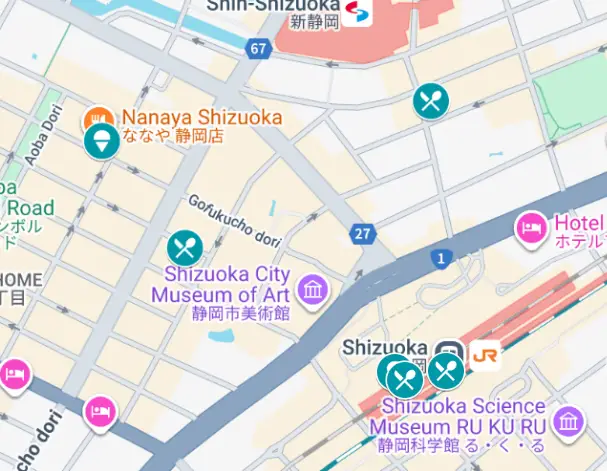 A map of where to eat in Shizuoka City, Japan
