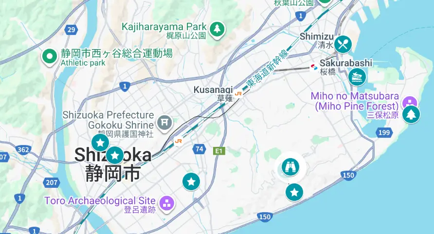 A map of places to visit in Shizuoka City, Japan