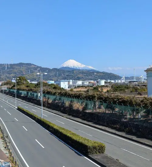 A snowcapped Mount Fuji from Shimizu Station in Shizuoka