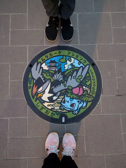 Jackie Szeto and Justin Huynh, Life Of Doing, stand around the Pokemon PokeLid manhole cover of the two characters, Ivysaur and Staraptor.