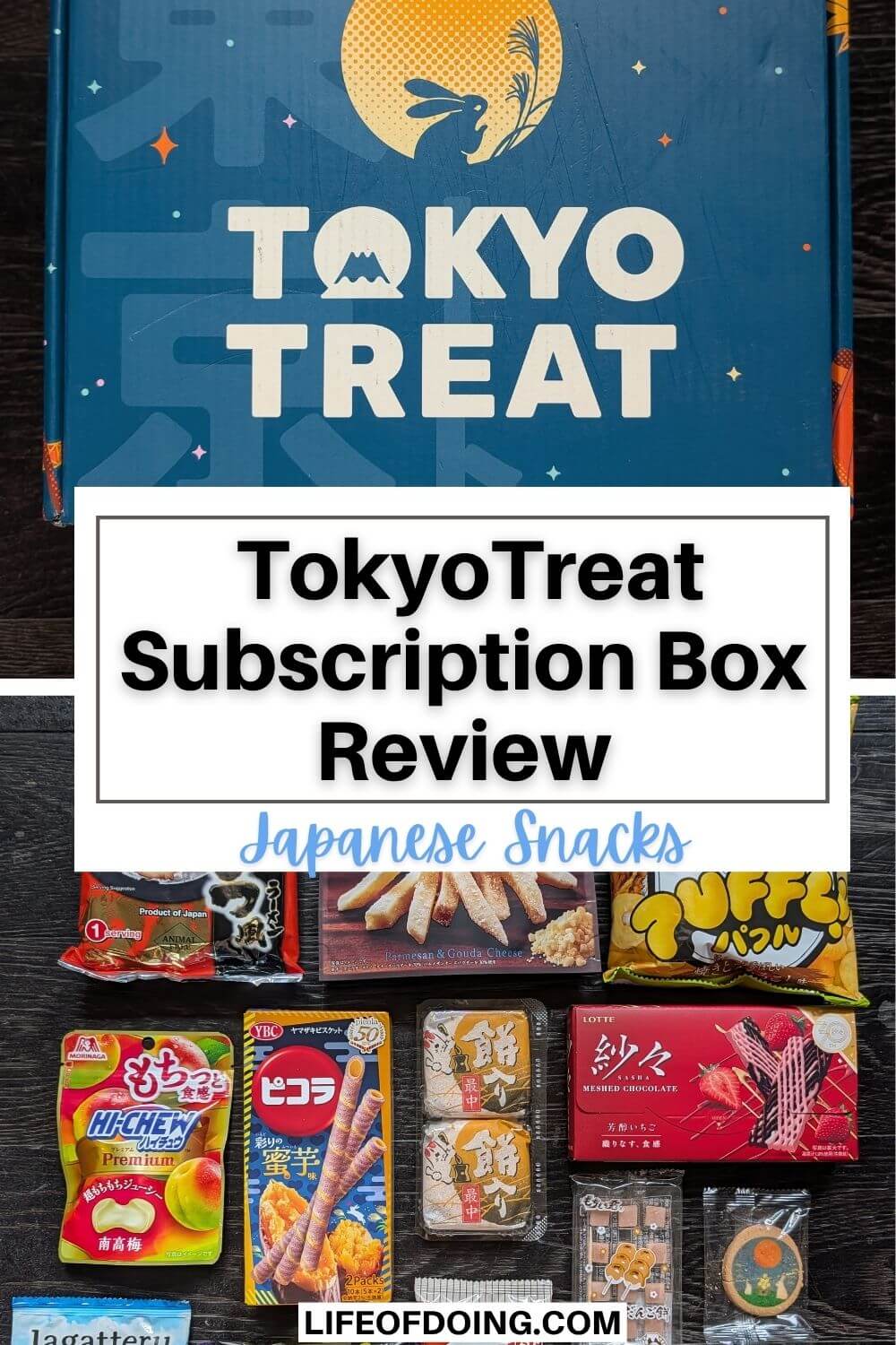 Top photo is the blue cardboard box of TokyoTreat subscription box, and the bottom photo is an overlay of 14 snacks received in the box