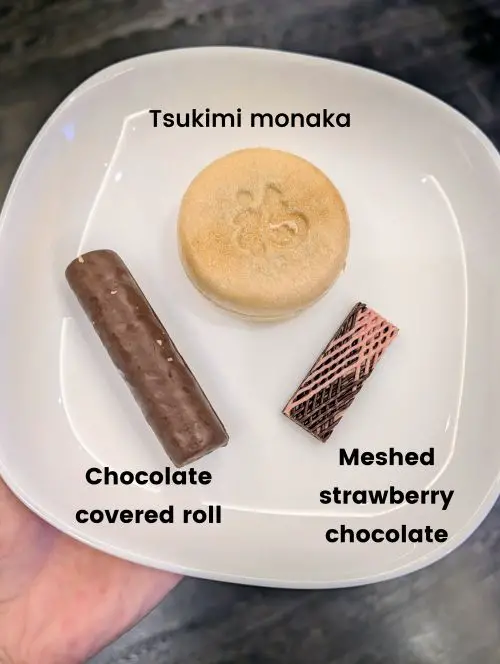 A hand holding a plate of three types of Japanese snacks - tsukimi monaka, chocolate covered roll, and one piece of meshed strawberry chocolate